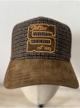 Casquette trucker en cuir et tweed "tweed cuir" de la collection Stetson