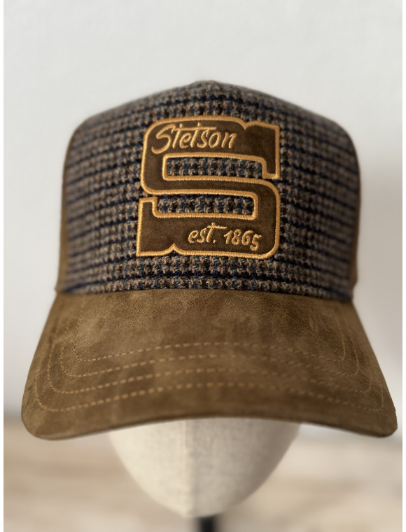 Casquette trucker en cuir et tweed "tweed cuir" de la collection Stetson